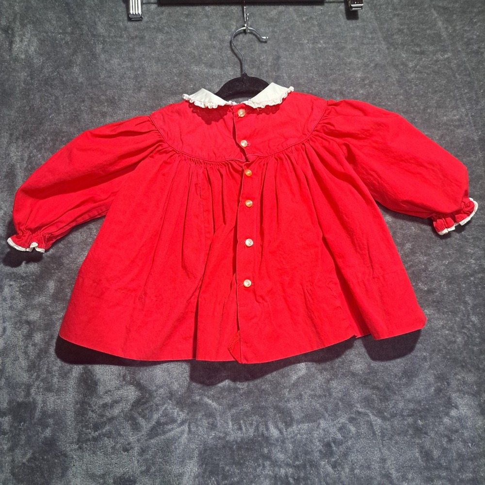 VTG Polly Flinders Red Smocked Dress Girls 12M Lace Collar Long Sleeve Pockets - Picture 2 of 6